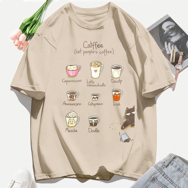 Cat People'S Coffee Illustration Printing T-Shirt Woman Summer Cotton T Shirts Y2K Soft Comfortable