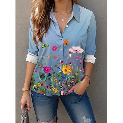 Women's Shirt Floral Casual Long Sleeve Shirt Collar Regular Tops Work Daily Buttons Print Blue Spring Fall Winter