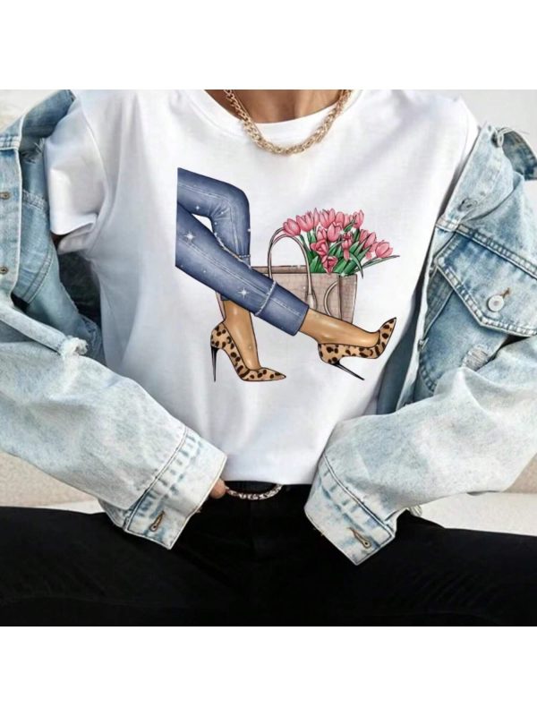 Maycaur New Harajuku Women T Shirt Cartoon High Heel Graphic Printed White Ladies T-Shirt Casual Woman Shirt Funny Tee ShirtNM