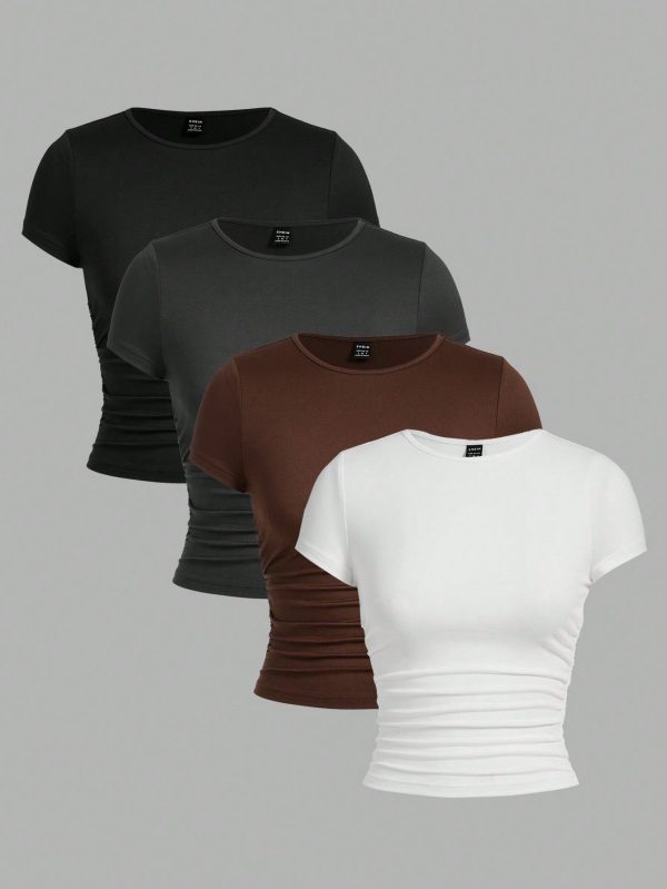 Tween Girls Casual Ruched Side Crewneck Short Sleeve T-Shirt, Multip-Pack