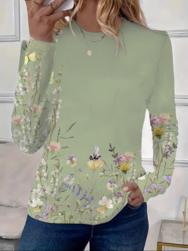 Women Casual Floral Top Crew Neck Long Sleeve T-shirt Graphic Tee Spring/Fall Printing Tee