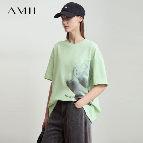 AMII Summer Print T-shirt Women 2025 Casual Short Sleeve Round Neck Shirts Woman New Fashion Drop