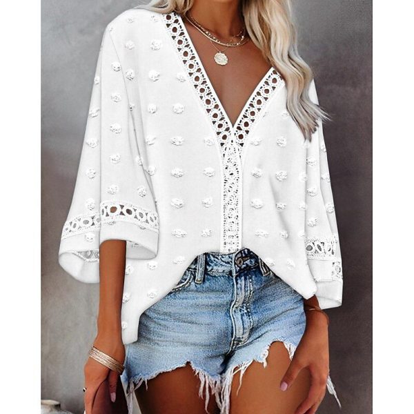 Women's Blouse Solid Color Elegant 3/4 Length Sleeve V Neck Regular Tops Daily Lace Eyelet Black White Blue Summer