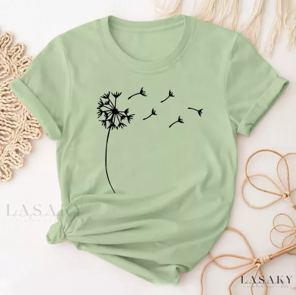 Lasaky - Dandelion Print Crew Neck T-Shirt: Stylish Short Sleeve Casualwear for Women, Ideal for Spring & Summer Attire
