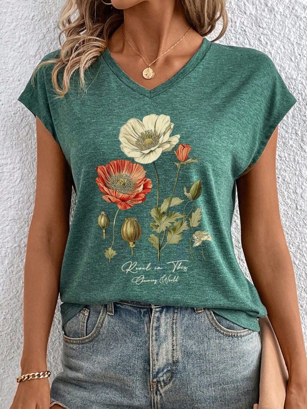 Floral & Letter Print Fitted V-Neck Women T-Shirt, Casual For Summer