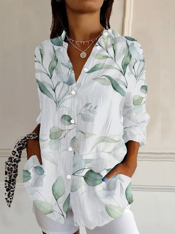 Women's Floral Casual Shirts Spring/Fall Shirt Collar Buckle Button Up Shirt Long Sleeve Top
