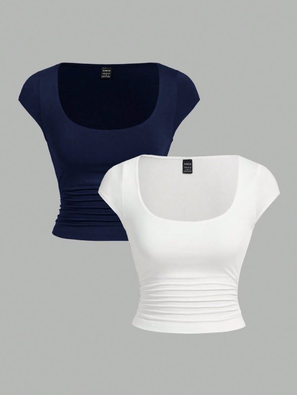 Plus Size Women's New Casual Gyaru Cute Summer Tops Cute Summer Tops Going Out Outfits Spring Tops Rave Outfits Festival Summer Clothes Women Y2k Clothes Going Out Tops Business Casual Woman Summer Tops Commuting Elegant Bestie Wear, Blue And White Square Collar Slim Solid Color Knitted Short-Sleeved 2 Pieces T-Shirt