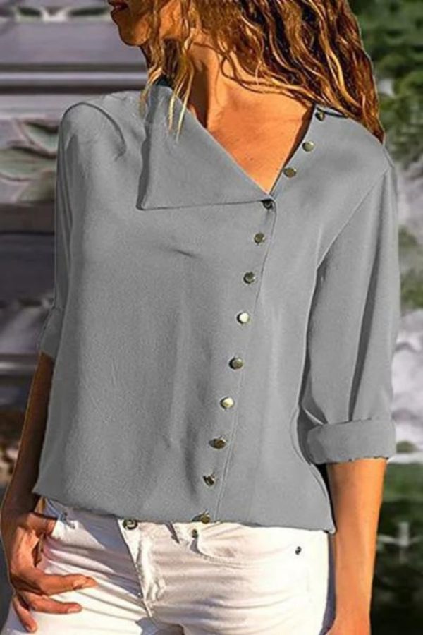 Elegant Solid Patchwork Buckle Oblique Collar Tops