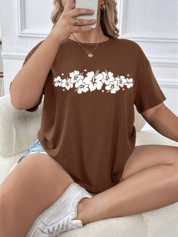Plus Size Women's Loose Fit Casual T-Shirt With Round Neckline, Floral Print And Drop Shoulders For Summer Graphic Tees Women Tops