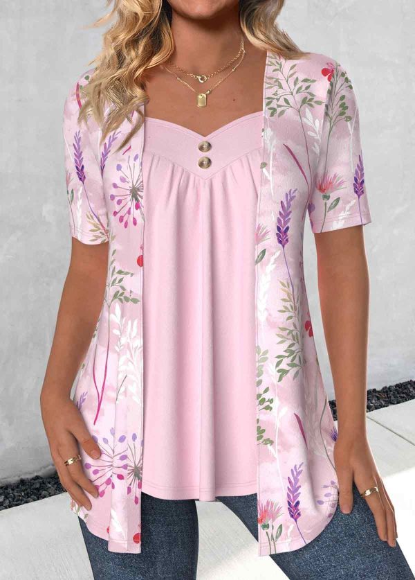 ROTITA Plus Size Floral Print Pink Fake Two Piece Twinset