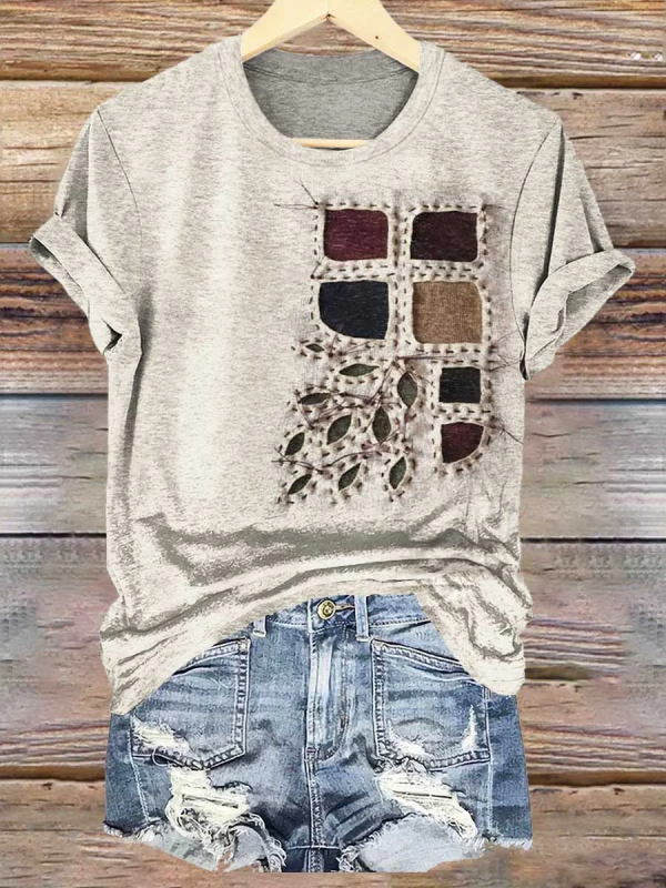 Women Geometric Casual Summer Polyester Micro-Elasticity Daily Crew Neck Regular Regular T-shirts