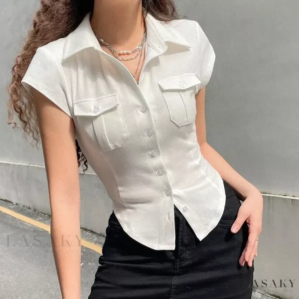 Lasaky - Chic Pocket Closure Blouse with Ruffled Sleeves