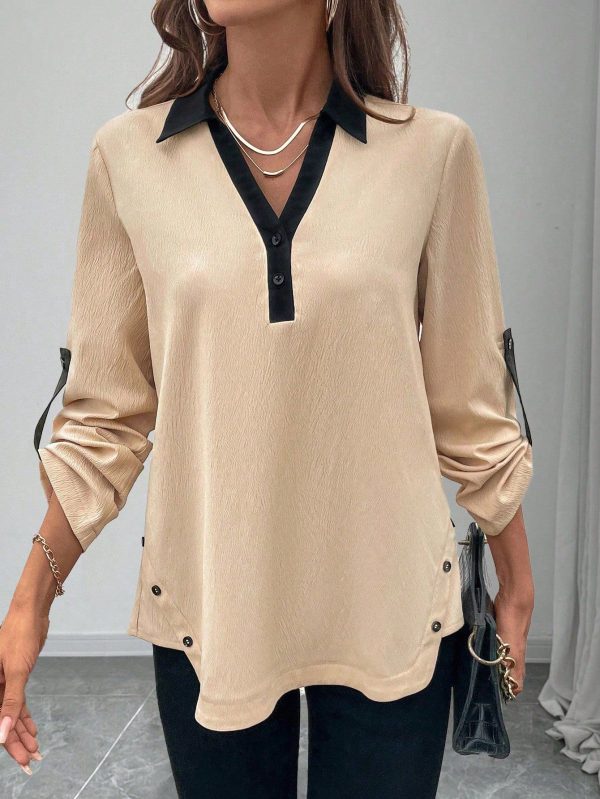 Women's Casual Colorblock V-Neck Long Sleeve Shirt