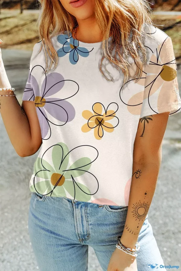 OrcaJump - Stylish Black T-Shirt with Summer Floral Print and Casual Round Neck Design - Beige Summer Flower Print Casual Round Neck T Shirt, (US 12-14)L