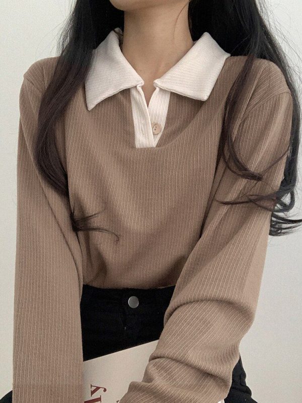 Zingj SUCHCUTE Solid Polo Knitted Top Tee Casual Autumn Winter Long Sleeve Women T-shirts Korean Fashion Button Up Preppy Style Cloth Khaki-S