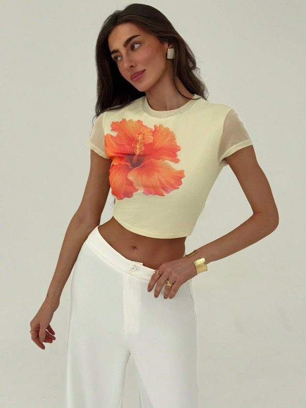 Women's Round Neck Short Sleeve Floral Print Casual T-Shirt