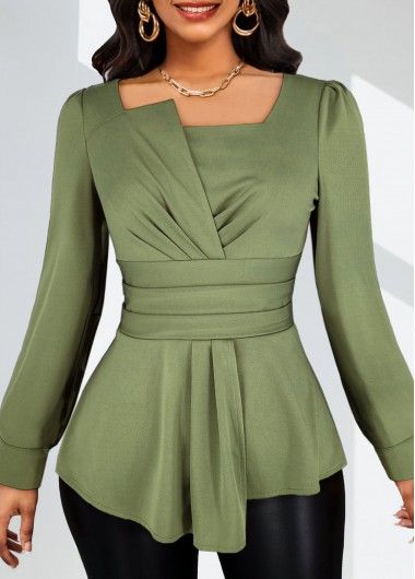 Tops For Women ROTITA Plus Size Asymmetry Sage Green Asymmetrical Neck Blouse
