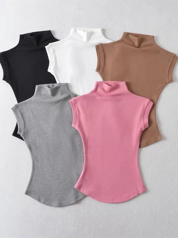 Women Summer Sexy Turtleneck Sleeveless T-Shirts Tops Solid Slim Fit Pullovers Causal Tees Shirts