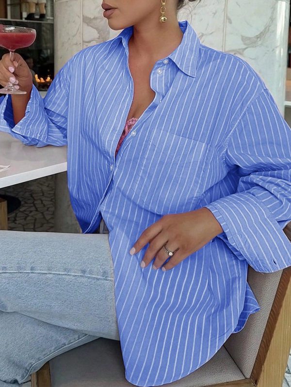 Women's Striped Color Block Button Down Long Sleeve Shirt, Casual Top For Easter Concert, Mother's Day, Summer Music Festival, Beach, Outdoor, Brunch, Tea Party