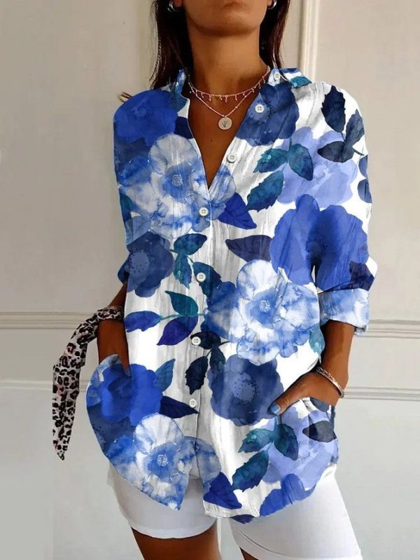 Women Floral Casual Shirts Spring/Fall Shirt Collar Buckle Button Up Shirt Long Sleeve Top