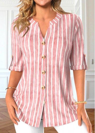 ROTITA Button Striped Light Pink Split Neck Blouse