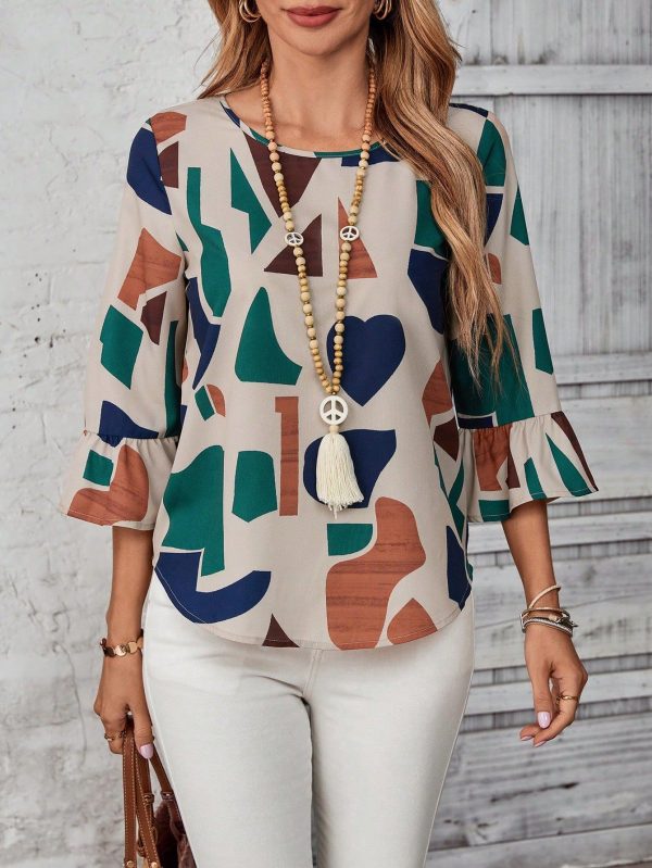 Women's Casual Geometric Heart Print Round Neck Flared Sleeve Loose Blouse, Daily Wear