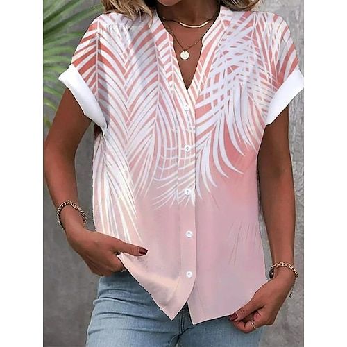 Women's Shirt Fashion Streetwear Floral Buttons Print Short Sleeve Regular Tops Split Neck Casual White Pink Sky Blue Summer