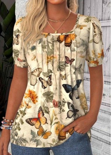 ROTITA Tuck Stitch Butterfly Print Light Yellow T Shirt