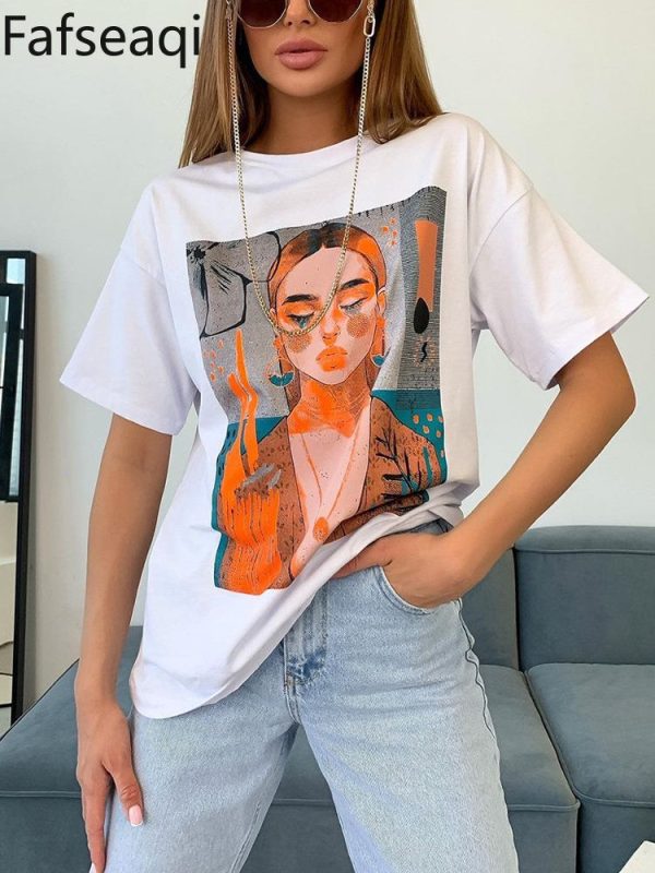 100% Cotton Women's Oversized T-shirts with Print Comics Tees Simple Short Sleeve Tops Summer Basic