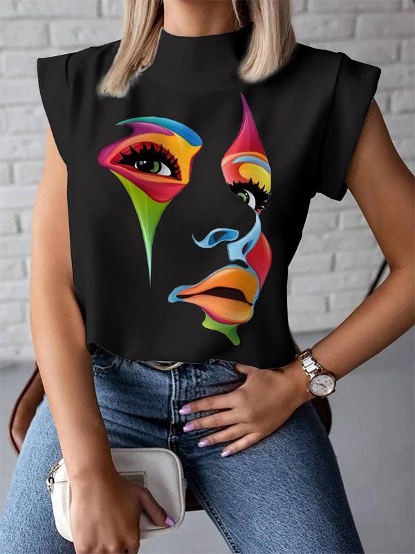 Original Casual High-Neck Cap Sleeves Face Printed T-Shirt Top