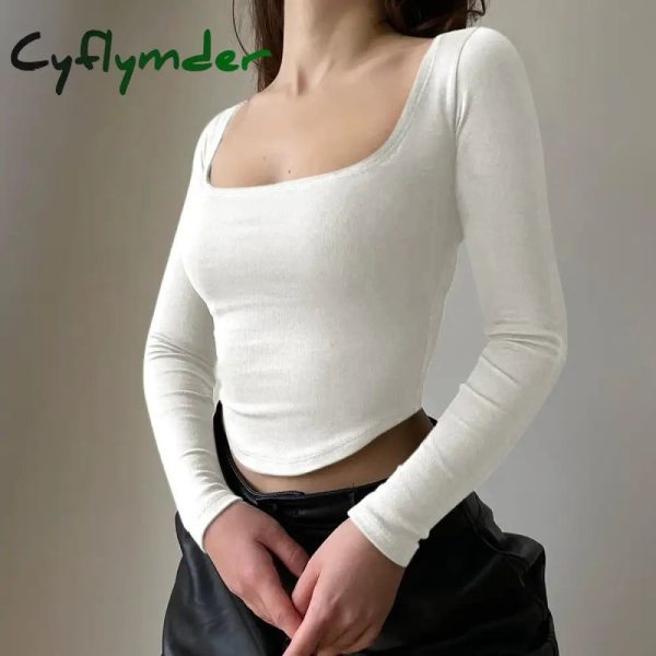 Cyflymder Square Collar Long Sleeve Casual Women T Shirts Green Autumn Skinny Sexy Solid Basic Crop Tops Fashion Streetwear - black / L