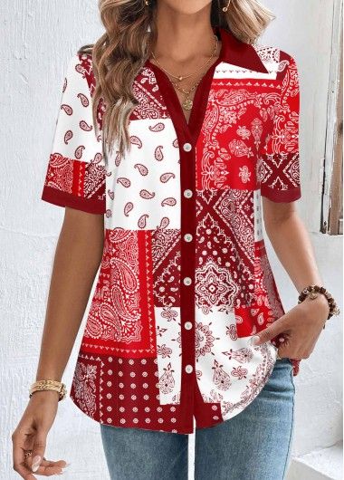 ROTITA Plus Size Patchwork Red Shirt Collar Blouse