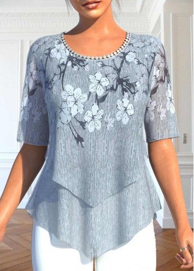 Floral Print Short Sleeve Ruffle Tunic Tops ROTITA Layered Floral Print Grey Fake Two Piece Twinset
