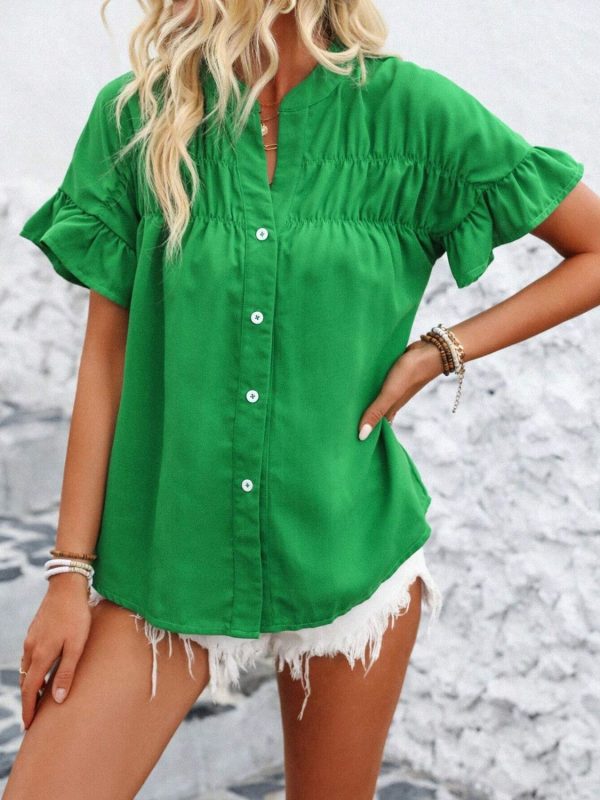 Hazel Blues® |  Button Down Ruffled Short Sleeve Shirt - Green / M
