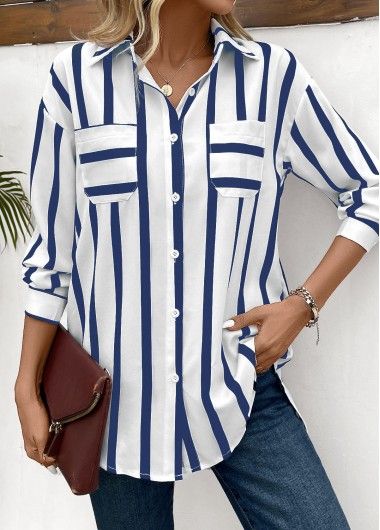 Button Striped Blue Long Sleeve Shirt