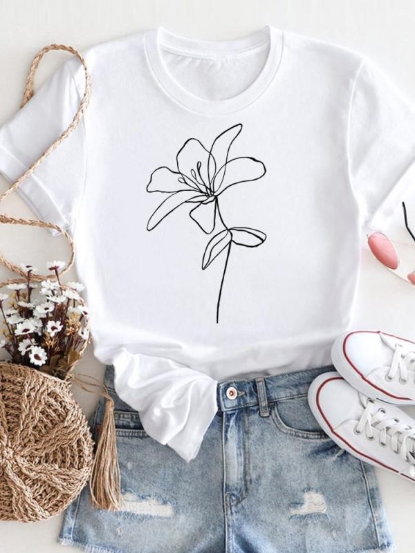 Flower Lovely Trend 90s Clothing Print White T Shirt Short Sleeve Tee Women Ladies Casual Top Female