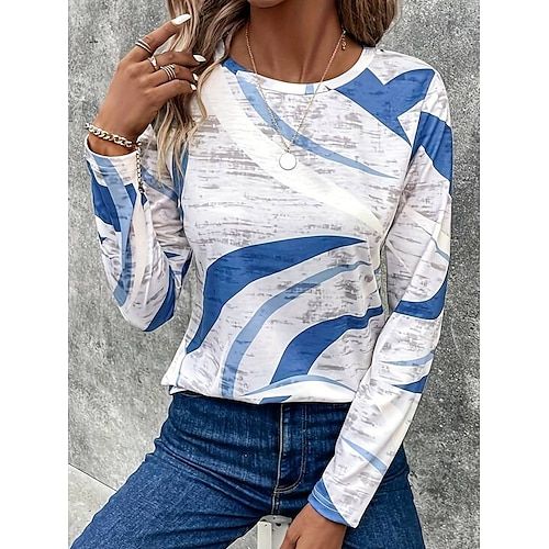 Women's T Shirt Casual Print Long Sleeve Regular Tops Crew Neck Daily Blue Purple Khaki Spring Fall