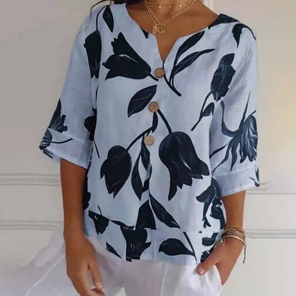 Women's Shirt Linen Shirt Cotton Linen Shirts Flower Daily Stylish Basic Half Sleeve V Neck Regular Tops Daily Holiday Buttons Print White Yellow Blue Spring