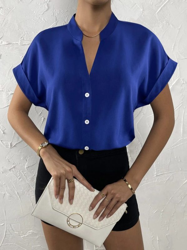 Zingj Zingj Wise Hot Style Summer Simple V Collar Women Shirt Shirt Women's Clothing Blue-XL