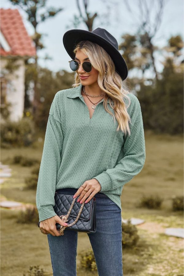 Collared Neck Cable-Knit Long Sleeve Blouse - Navy / M