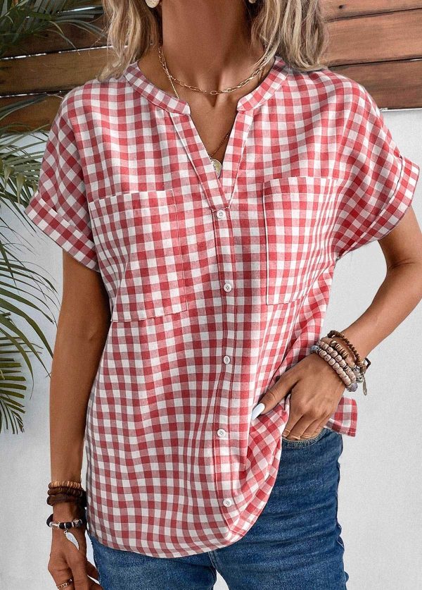ROTITA Pocket Plaid Red Split Neck Short Sleeve Blouse