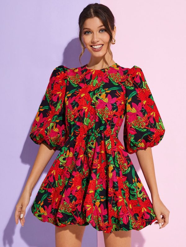 Lantern Sleeve Tropical Print Dress, Concert Outfit Designer Rave Outfits Festival, Ibiza Fits, Prom Dress