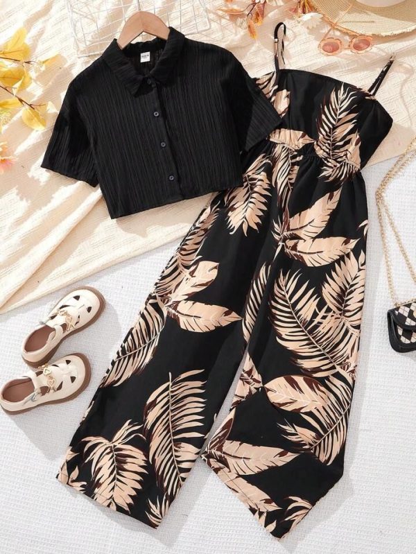 Tween Girl Solid Plisse Blouse And Tropical Print Cami Jumpsuit Two-Piece Set