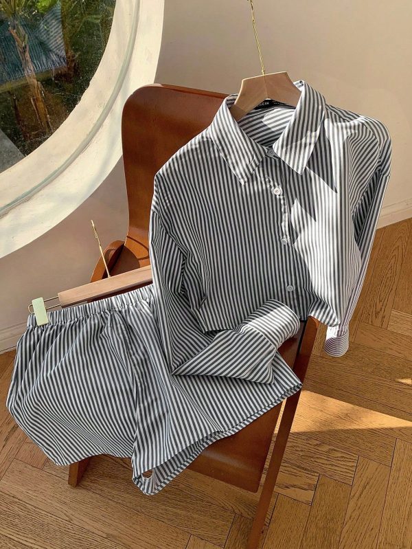 Striped Button Front Long Sleeve Shirt And Shorts Summer Casual Two Piece Set