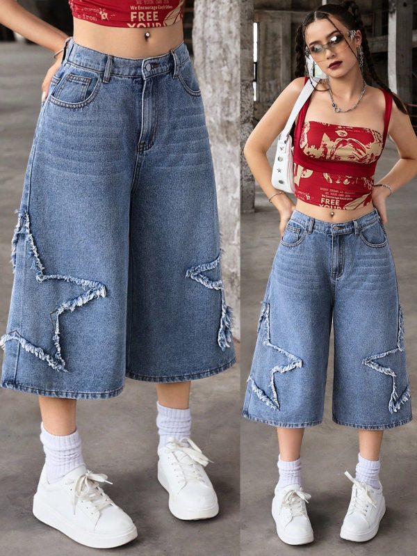 Teen Girls Y2K Vintage Street Style Loose Fit Denim Capri Pants With Neutral Five-Pointed Star Appliques