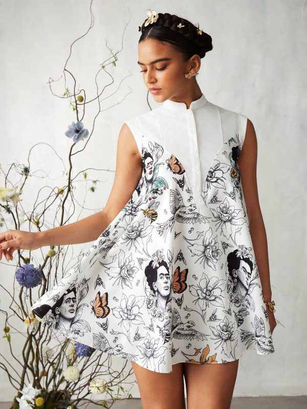 Boho Bohemian Loose A-Line Shirt Dress With People And Floral Print, Casual Holiday Style Designer,Summer Elegant Dress, Party, Thanksgiving, Vacation, Festival