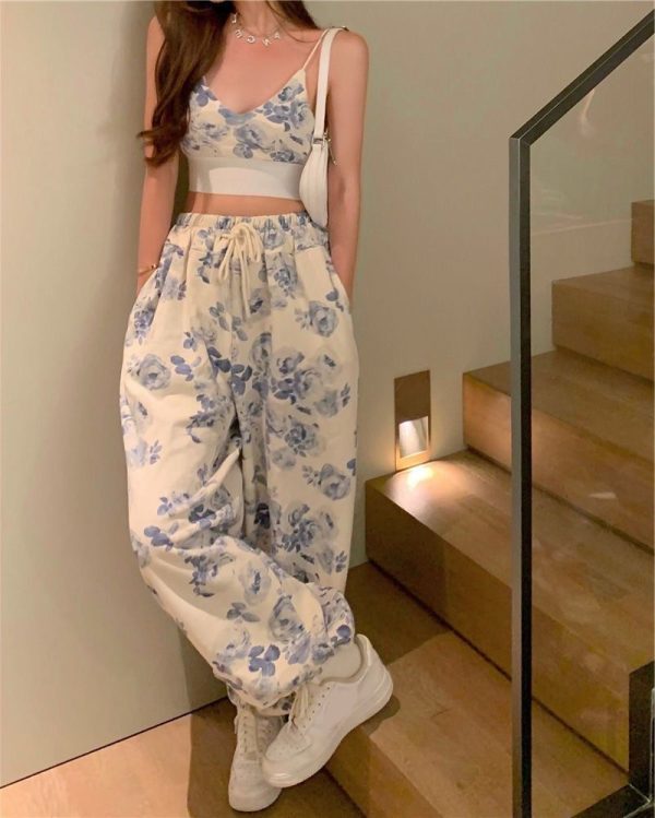 2025 New Summer 2 Piece Sets Sexy Strap Sleeveless Floral Print Tank Tops Wide Leg Pants Suit Casual