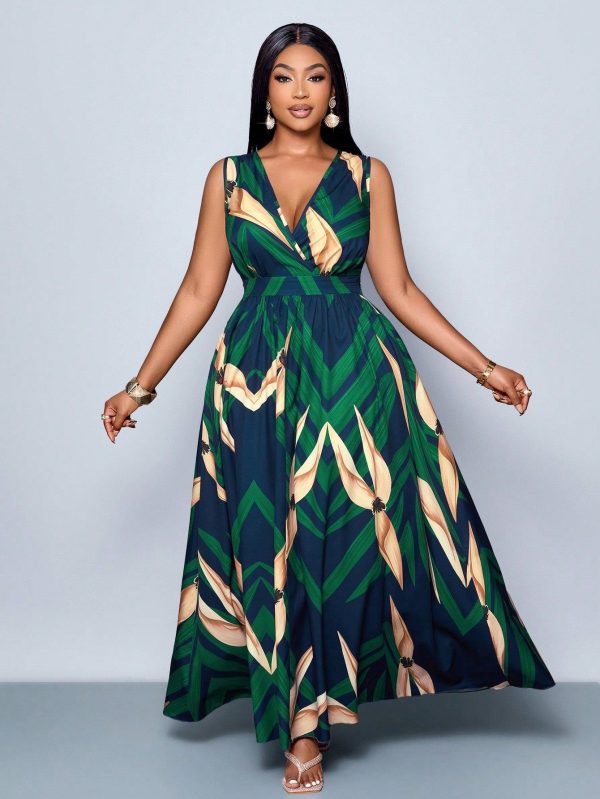 Plus Size Women's Sleeveless Floral Elasticated Waist Maxi Dress For Summer Vacations And Everyday Wear, Beach Outfits