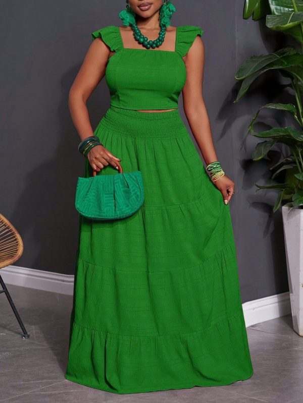 2pcs Set: Casual Vacation Solid Peach Red Cap Sleeve Crop Top & Textured Flare Midi Skirt, Plus Size Women, Spring/Summer 2025,Holiday Outfits Boho