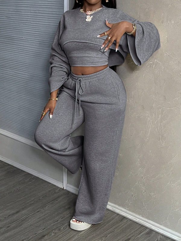 2024 New Casual Basic Solid Long Sleeve Cropped Top, Cami, And Wide Leg Pants 3pcs Set For Women
